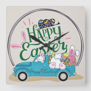 Funny Bunny Happy Easter Day Square Wall Clock