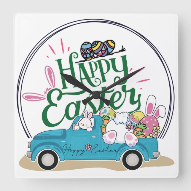 Funny Bunny Happy Easter Day Square Wall Clock (Front)
