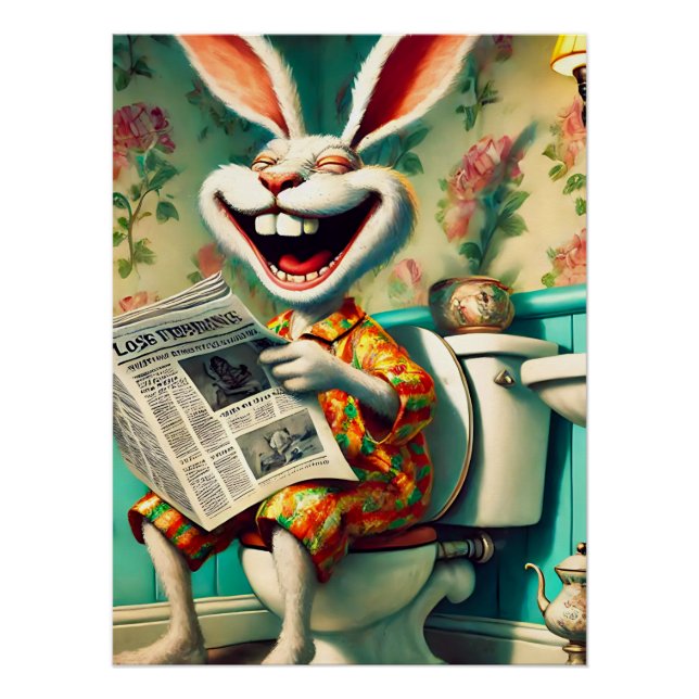 Funny Bunny on Toilet Bathroom Art  Poster (Front)