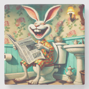 Funny Bunny on Toilet Bathroom Art  Stone Coaster
