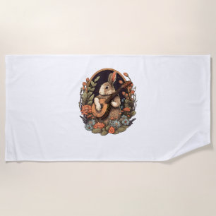 Funny Bunny Playing Banjo Guitar Music Rabbit Happ Beach Towel