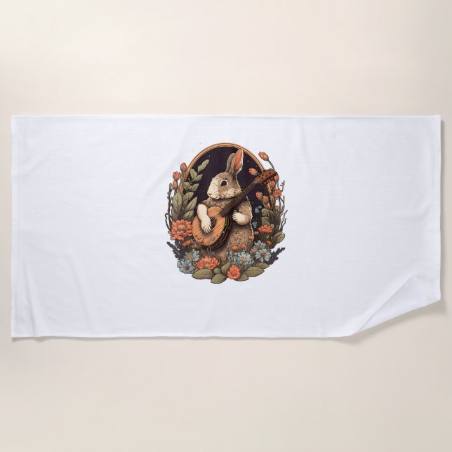 Funny Bunny Playing Banjo Guitar Music Rabbit Happ Beach Towel (Front)