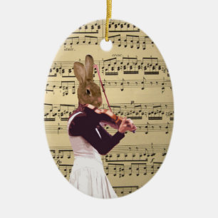 Funny bunny rabbit violinist ceramic ornament