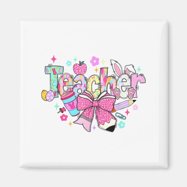 Funny Bunny Teacher Coquette Bow Rabbit Easter Ret Magnet (Front)