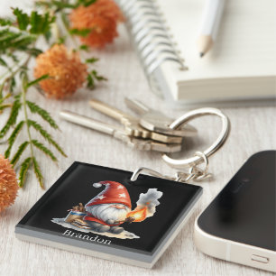Funny burning marsh mellow gnome camping key ring