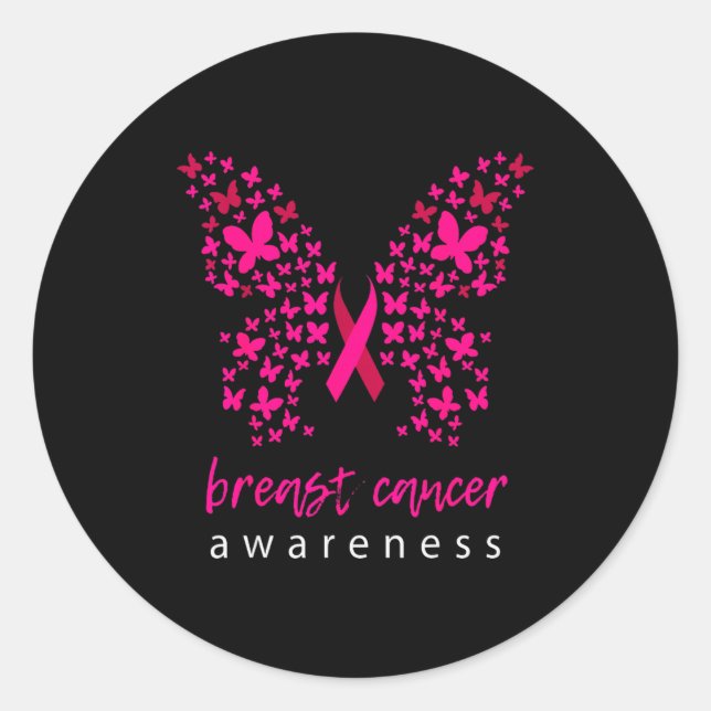 Funny Butterfly Breast Cancer Awareness Ribbon  Classic Round Sticker (Front)