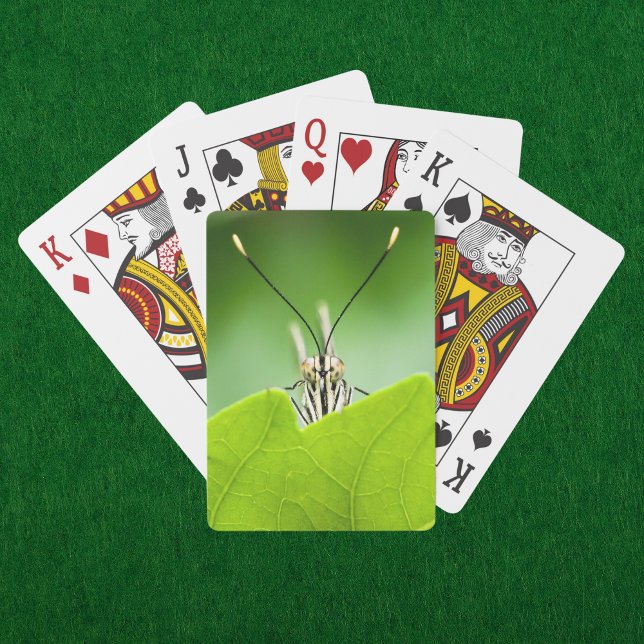 Funny Butterfly Peeks Over Leaf Playing Cards (A curious butterfly peeks over a vibrant green leaf on these nature inspired playing cards. )