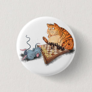 Funny Button with Cat and Mouse Playing Chess