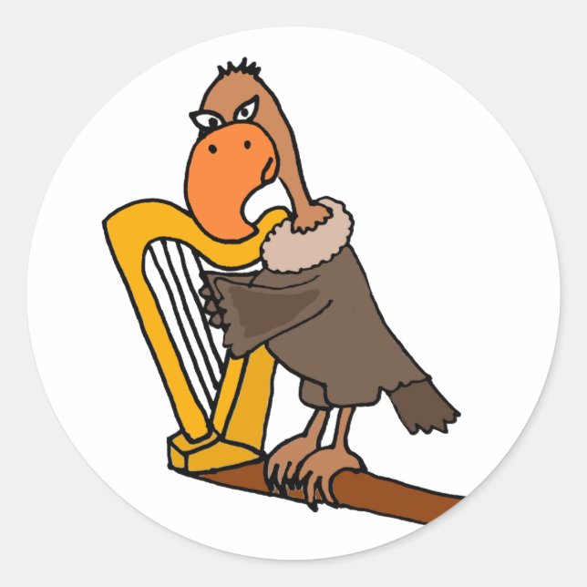 Funny Buzzard Playing Harp Design Classic Round Sticker (Front)