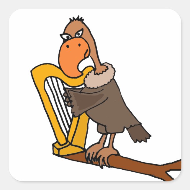 Funny Buzzard Playing Harp Design Square Sticker (Front)