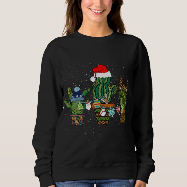 Funny Cactus Lights Santa Hat Sweater Xmas Tree Ch (Front)