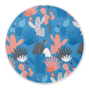 Funny cactus pattern - blue ceramic knob