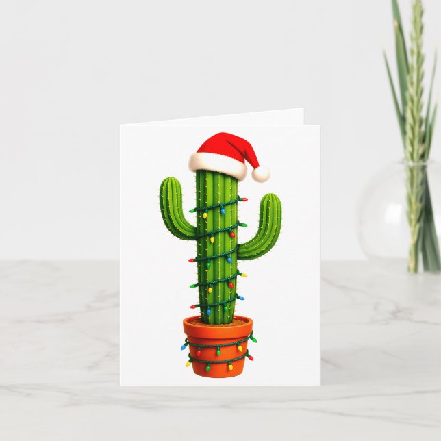 Funny Cactus Santa Hat Xmas Tree Lights Merry Chri Card (Front)