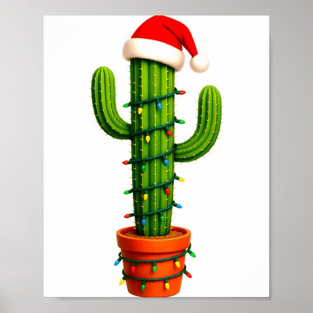 Funny Cactus Santa Hat Xmas Tree Lights Merry Chri Poster (Front)