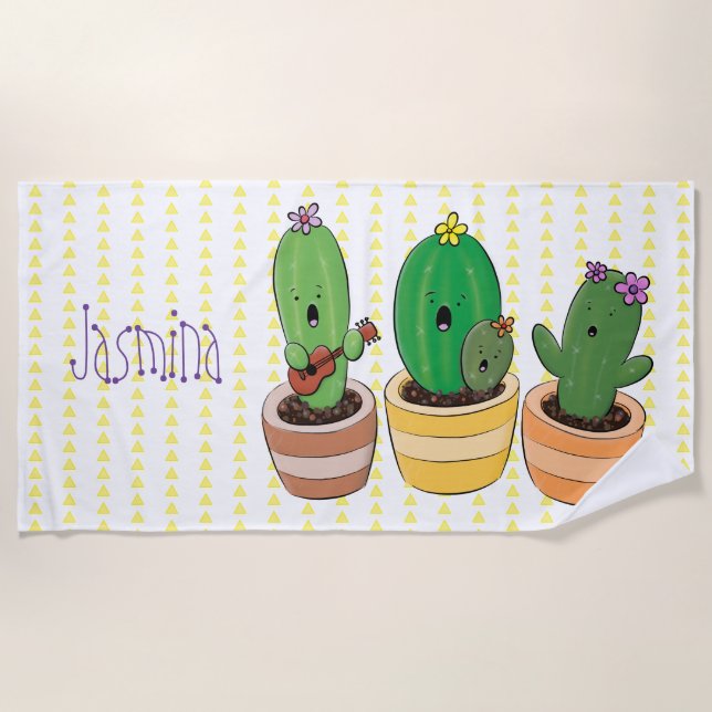 Funny cactus trio singing cartoon illustration beach towel (Front)