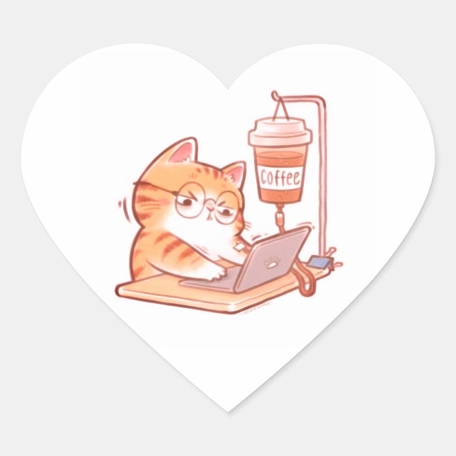 Funny Caffeinated Cat Sticker, Cute Overworked Gin Heart Sticker (Front)