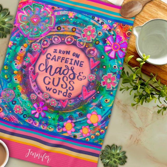 Funny Caffeine Chaos Cuss Words Floral Stripe Name Tea Towel (Creator Uploaded)