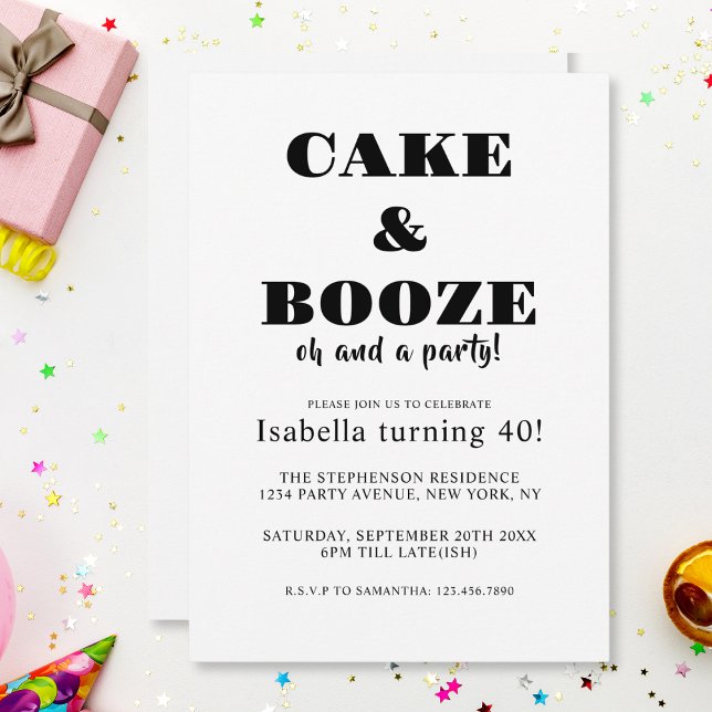 Funny Cake & Booze Birthday Party Black and White Invitation (Creator Uploaded)