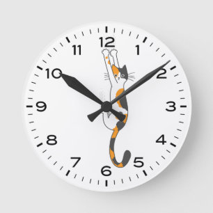 Funny Calico Cat Hanging On  Round Clock