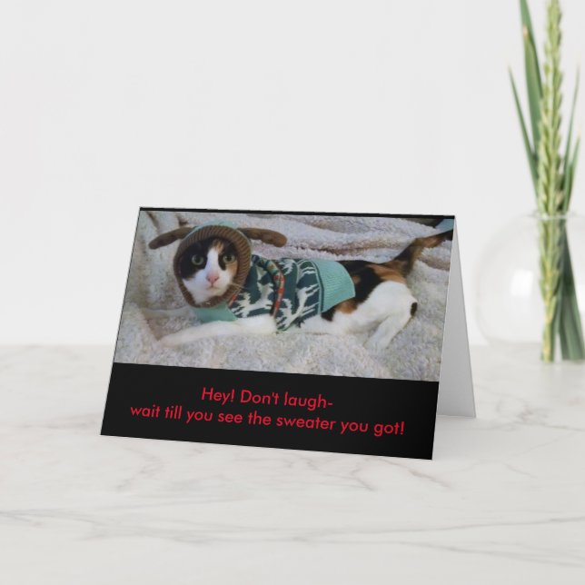 funny calico cat in antler sweater Chrismas card (Front)