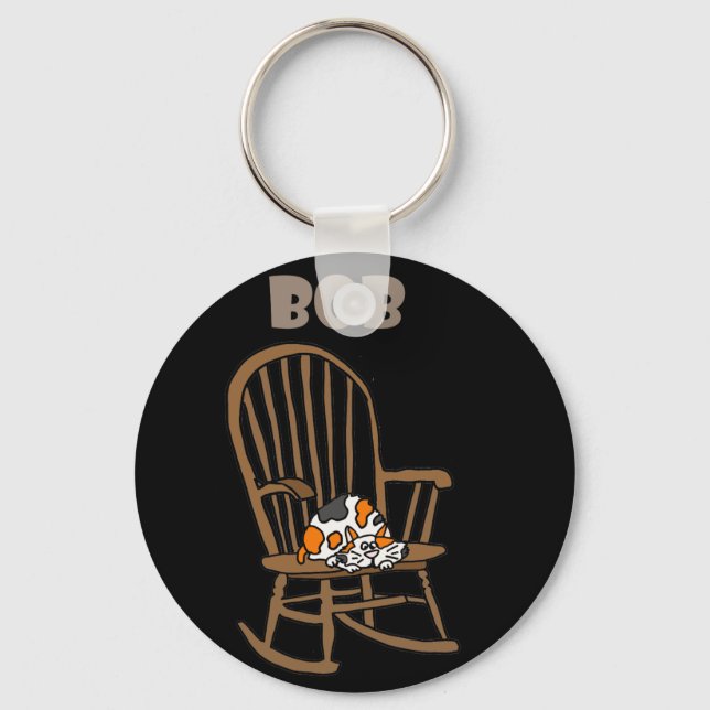 Funny Calico Cat in Rocking Chair Key Ring (Front)