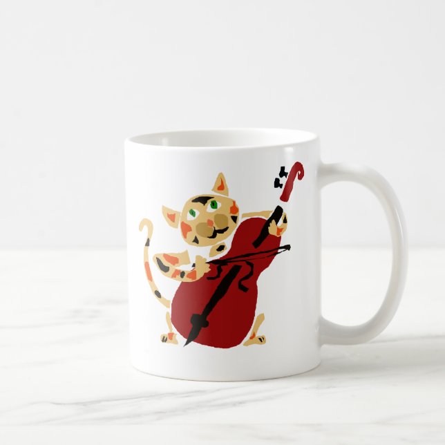 Funny Calico Cat Playing Cello Art Cartoon Coffee Mug (Right)