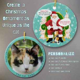 Funny Calico Cat Visits Santa Custom Christmas Ceramic Ornament