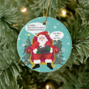 Funny Calico Cat Visits Santa with Hilarious Wish Ceramic Ornament