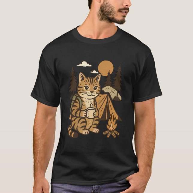 Funny Campfire Cat Camping T-Shirt (Front)