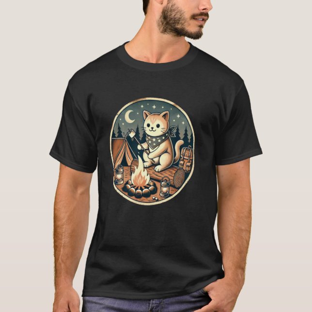 Funny Campfire Cat Roasting Marshmallows Camping T-Shirt (Front)