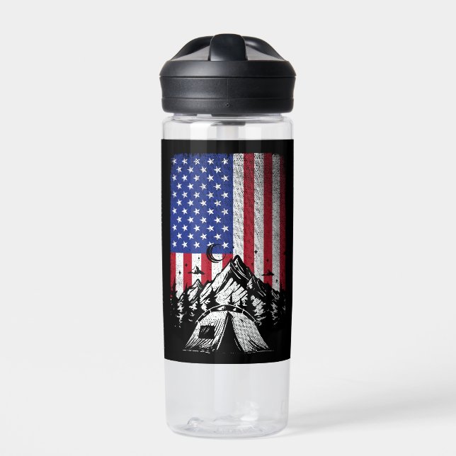 Funny Camping Hiking Lover American Flag  Water Bottle (Front)