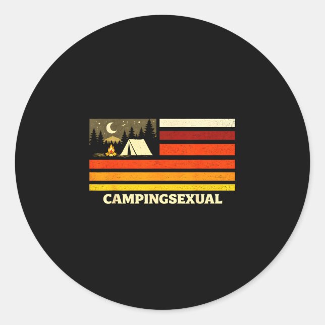 Funny camping lover retro flag campfire classic round sticker (Front)