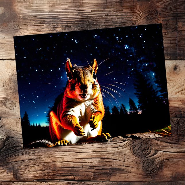 Funny Camping Squirrel Cute Animal Closeup Night Postcard (Funny camping closeup of a squirrel with night sky)
