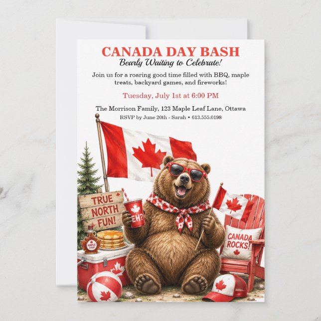 Funny Canadian Bear Canada Day Bash BBQ Backyard  Invitation (Front)