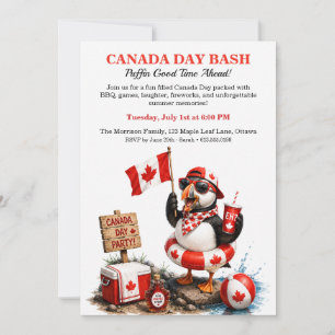 Funny Canadian Puffin Canada Day BBQ Pool Party Invitation