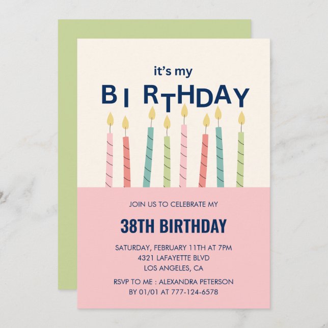 Funny Candle Pink Green 38th birthday invitations  (Front/Back)