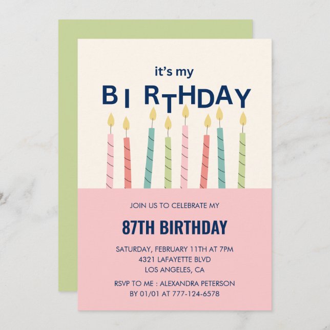 Funny Candle Pink Green 87th birthday invitations  (Front/Back)