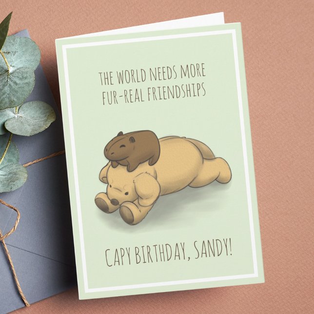 Funny Capybara and Dog Pun Green Birthday Card (A birthday greeting fur-real friends.)
