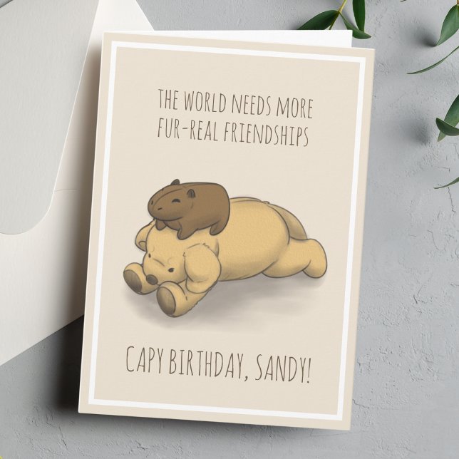 Funny Capybara and Dog Pun Pink Birthday Card (Celebrate the birthday of your favorite person with a capybara and a puppy on this sweet card.)