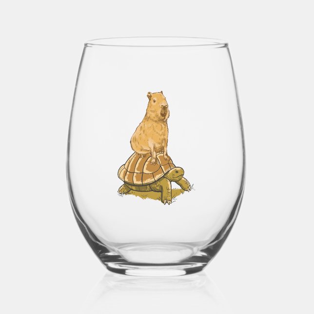Funny Capybara Animal Turtle Cute Capybara Stemless Wine Glass (Front)