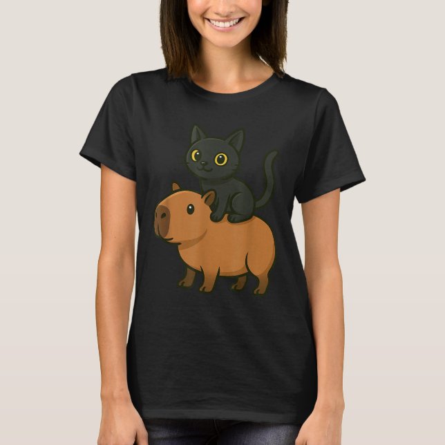 Funny Capybara Black Cat Animal Lover Mum Dad Kids T-Shirt (Front)
