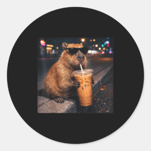 Funny capybara drinking iced coffee lover animal classic round sticker