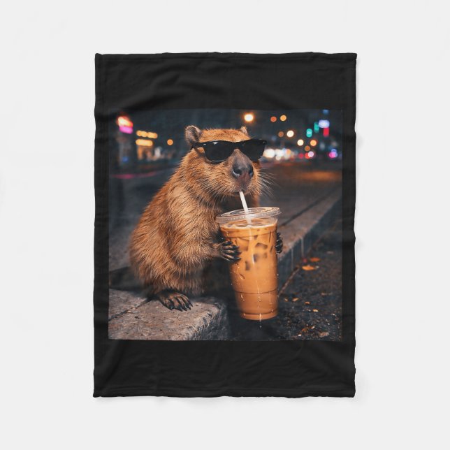 Funny capybara drinking iced coffee lover animal fleece blanket (Front)