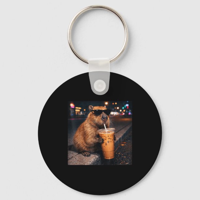Funny capybara drinking iced coffee lover animal key ring (Front)