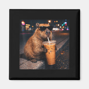 Funny capybara drinking iced coffee lover animal magnet