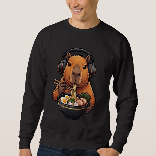 Funny Capybara Eating Ramen Noodles with Headphone Sweatshirt (Front)