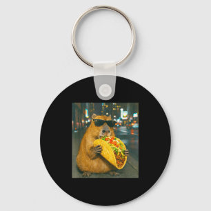 Funny capybara eating taco meme retro  key ring