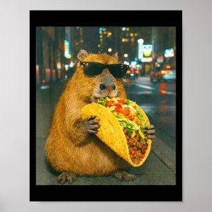 Funny capybara eating taco meme retro  poster