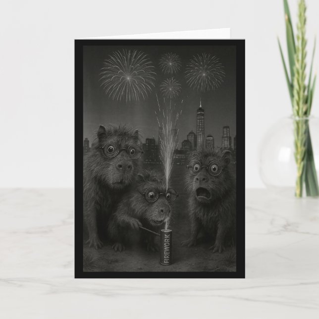 Funny Capybara Fireworks Happy New Year  Card (Front)