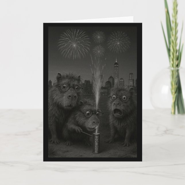 Funny Capybara Fireworks Happy New Year Long Sleev Card (Front)